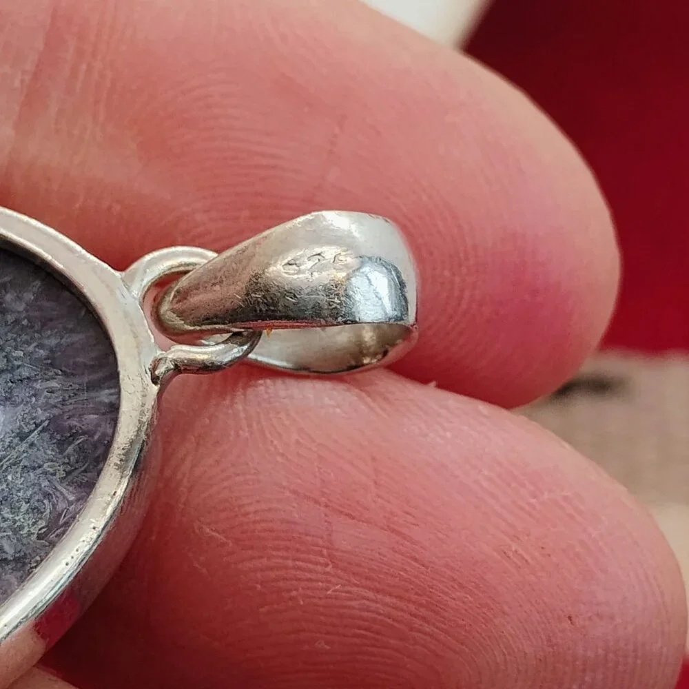 Large Oval Purple Charoite Slab Pendant in Sterling Silver 2 3/4" Long - Picture 5 of 8